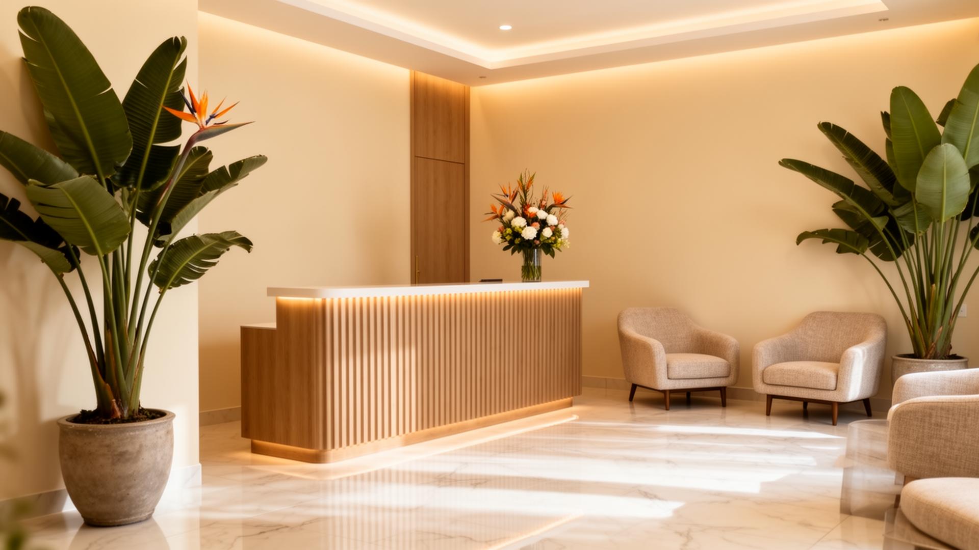 Warm, modern Zenit clinic reception with wood paneling and plants
